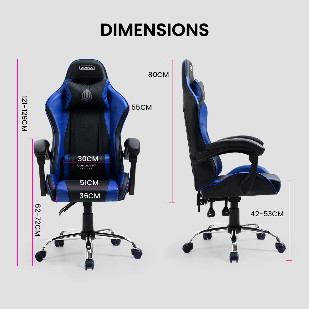 OVERDRIVE Conquest Series - Ergonomic Reclining Gaming Chair with Lumbar & Neck Pillows - Black/Blue