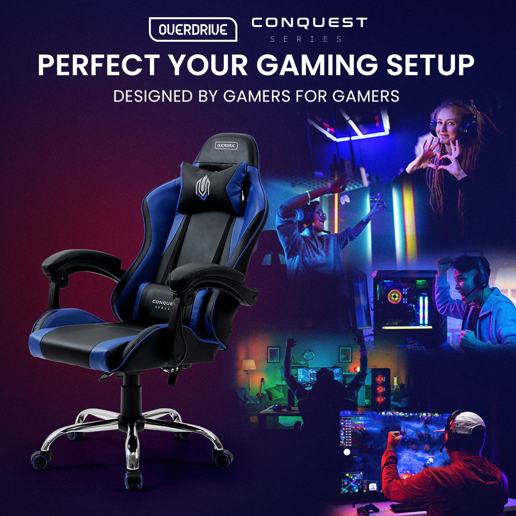 OVERDRIVE Conquest Series - Ergonomic Reclining Gaming Chair with Lumbar & Neck Pillows - Black/Blue