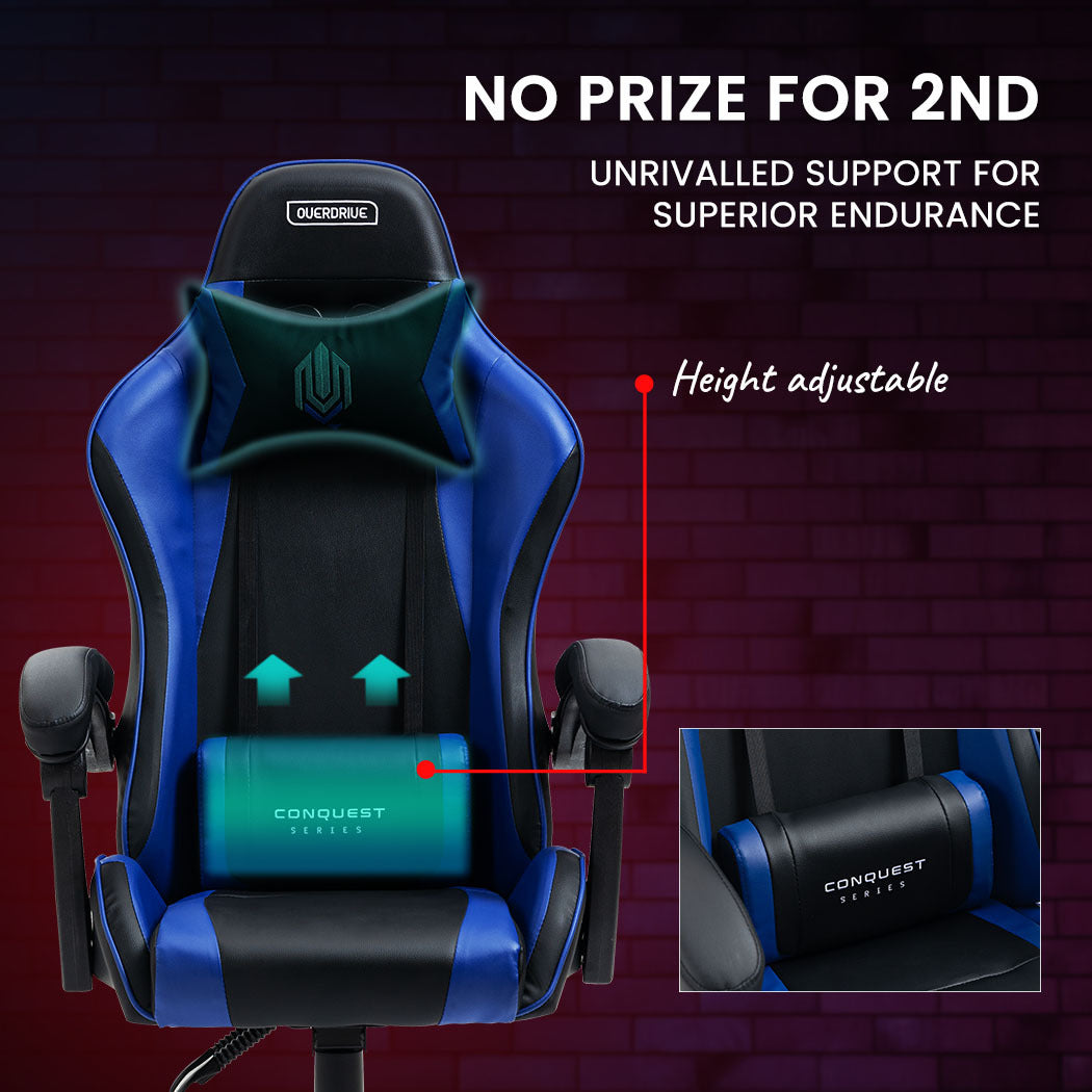 OVERDRIVE Conquest Series - Ergonomic Reclining Gaming Chair with Lumbar & Neck Pillows - Black/Blue