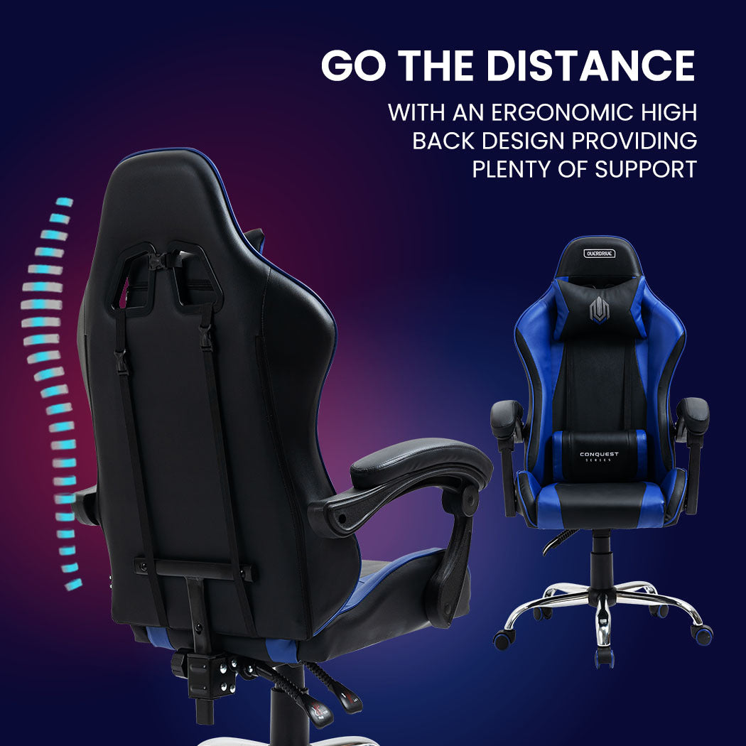 OVERDRIVE Conquest Series - Ergonomic Reclining Gaming Chair with Lumbar & Neck Pillows - Black/Blue