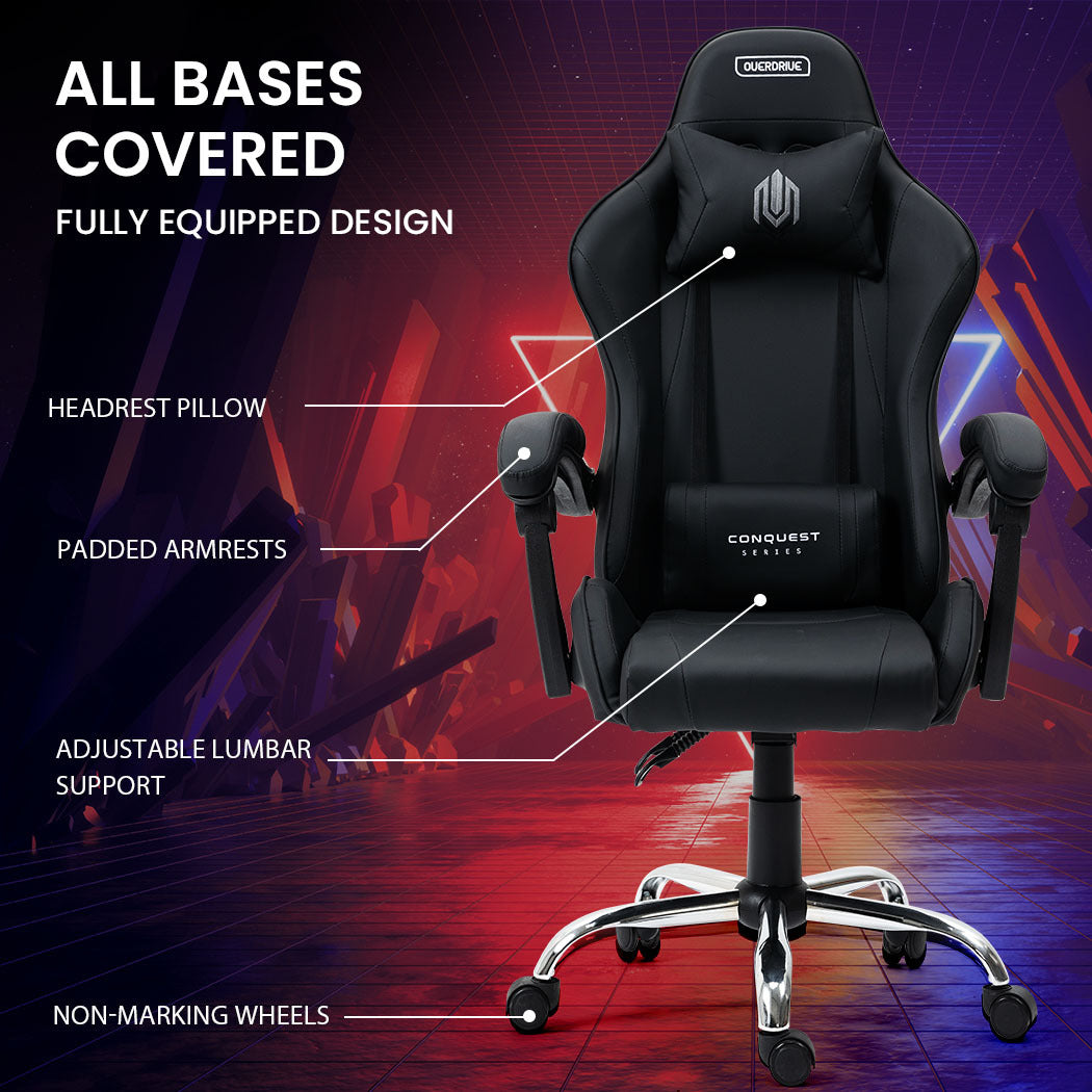 OVERDRIVE Conquest Series - Ergonomic Reclining Gaming Chair with Lumbar & Neck Pillows - Black
