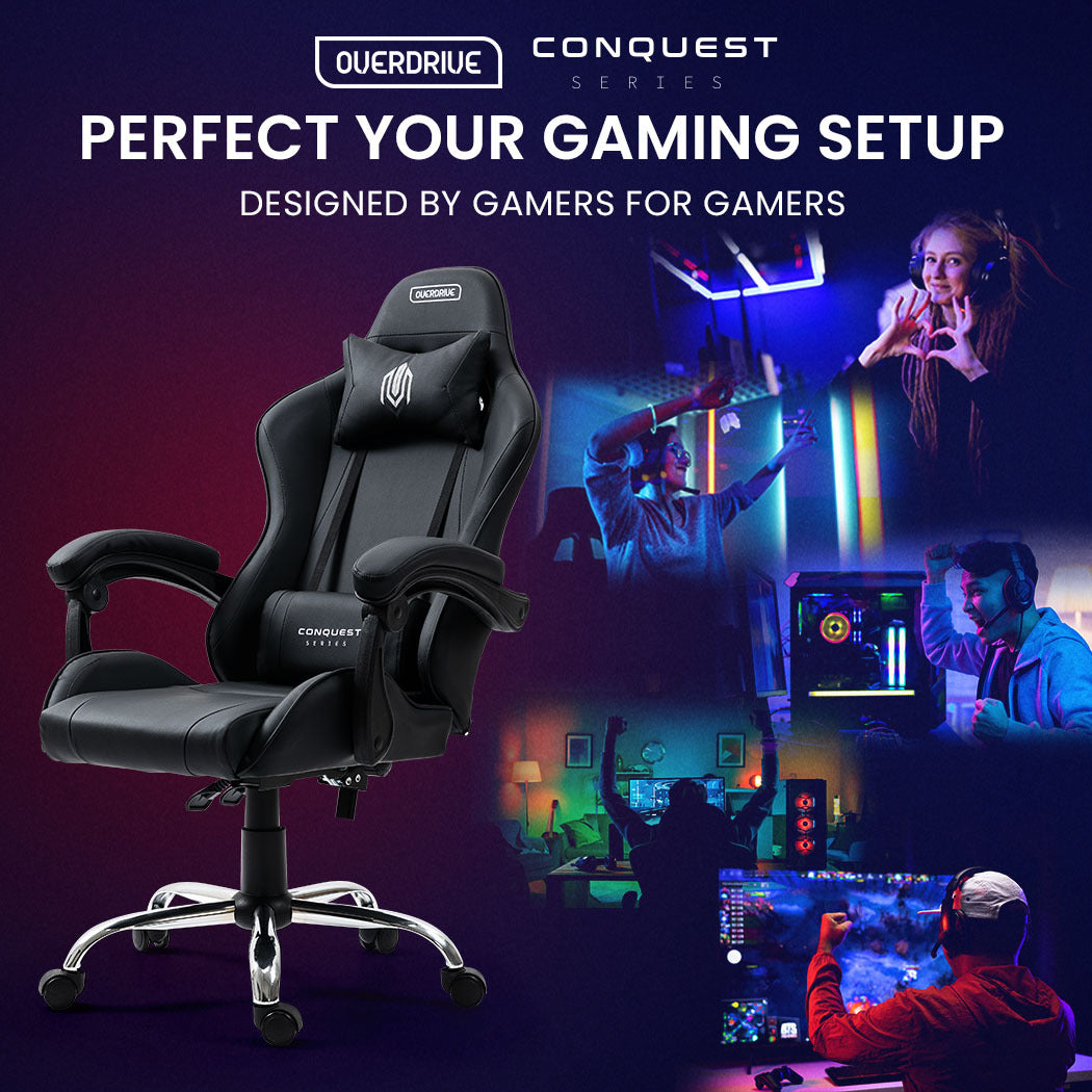 OVERDRIVE Conquest Series - Ergonomic Reclining Gaming Chair with Lumbar & Neck Pillows - Black