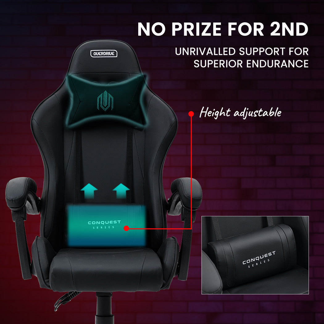 OVERDRIVE Conquest Series - Ergonomic Reclining Gaming Chair with Lumbar & Neck Pillows - Black