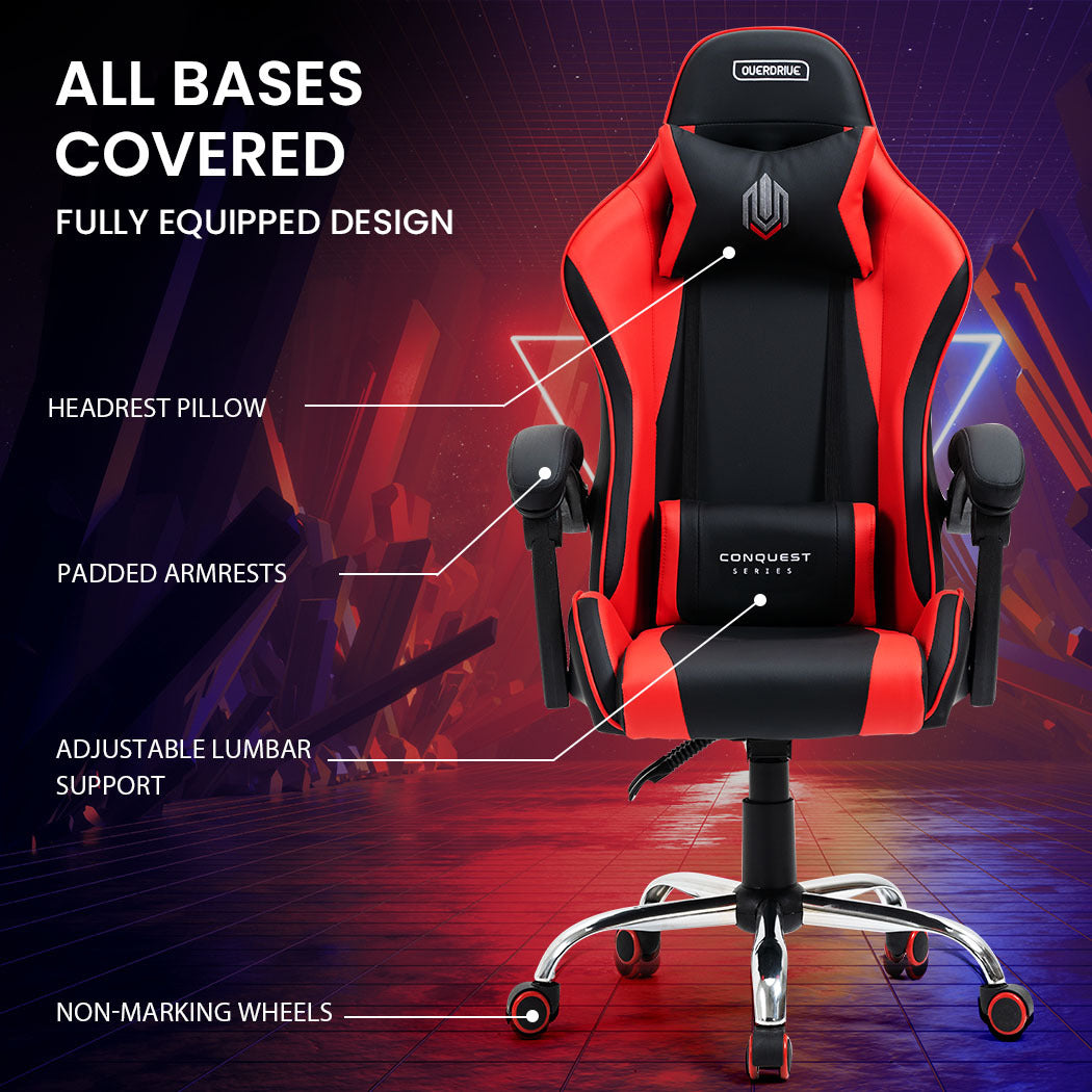OVERDRIVE Conquest Series - Ergonomic Reclining Gaming Chair with Lumbar & Neck Pillows - Black/Red