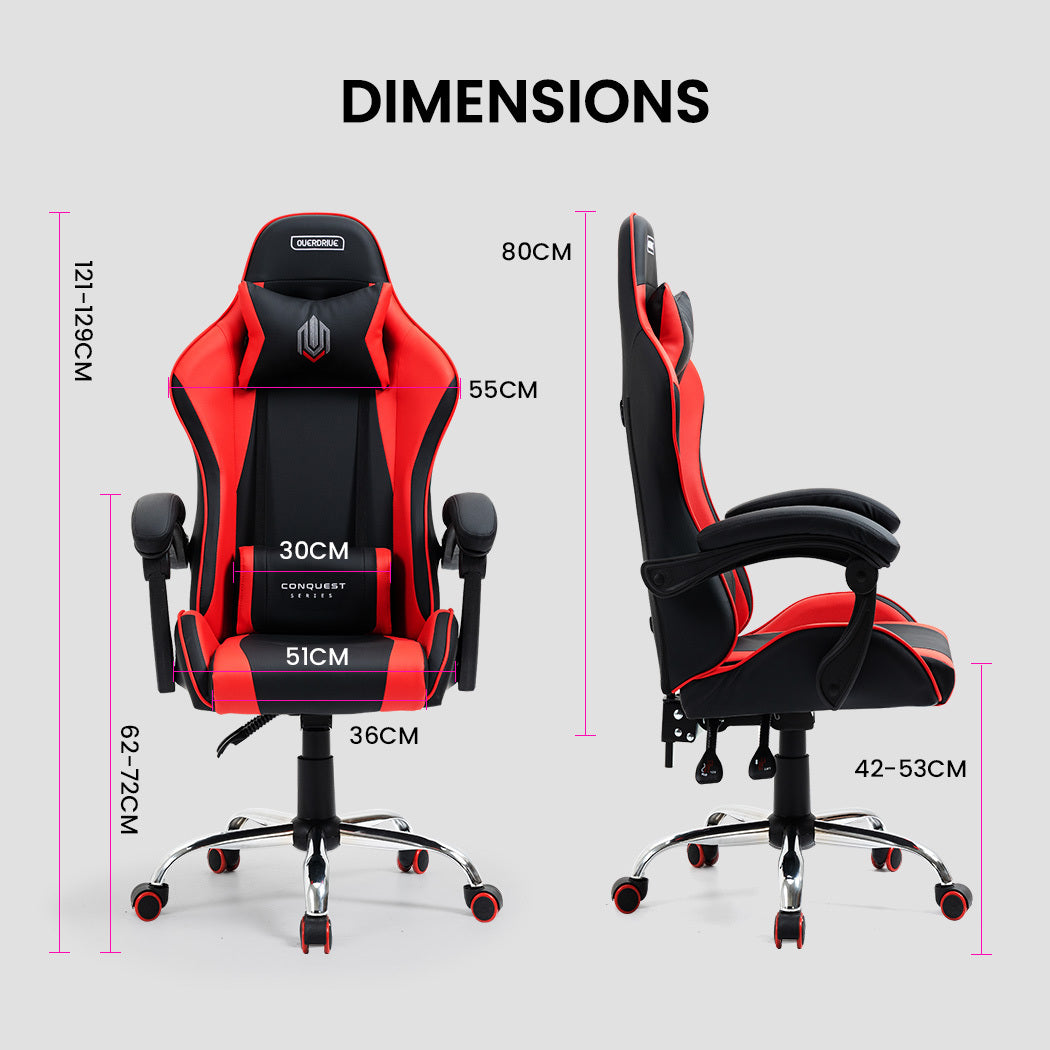 OVERDRIVE Conquest Series - Ergonomic Reclining Gaming Chair with Lumbar & Neck Pillows - Black/Red