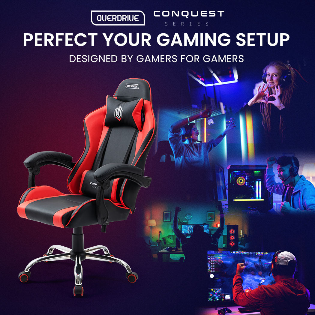 OVERDRIVE Conquest Series - Ergonomic Reclining Gaming Chair with Lumbar & Neck Pillows - Black/Red