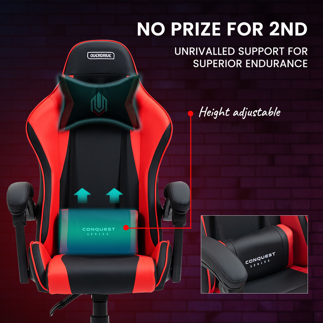 OVERDRIVE Conquest Series - Ergonomic Reclining Gaming Chair with Lumbar & Neck Pillows - Black/Red