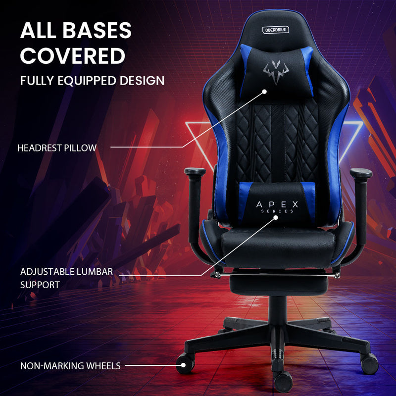 OVERDRIVE Apex Series - Ergonomic Reclining Gaming Chair with Footrest - Black/Blue