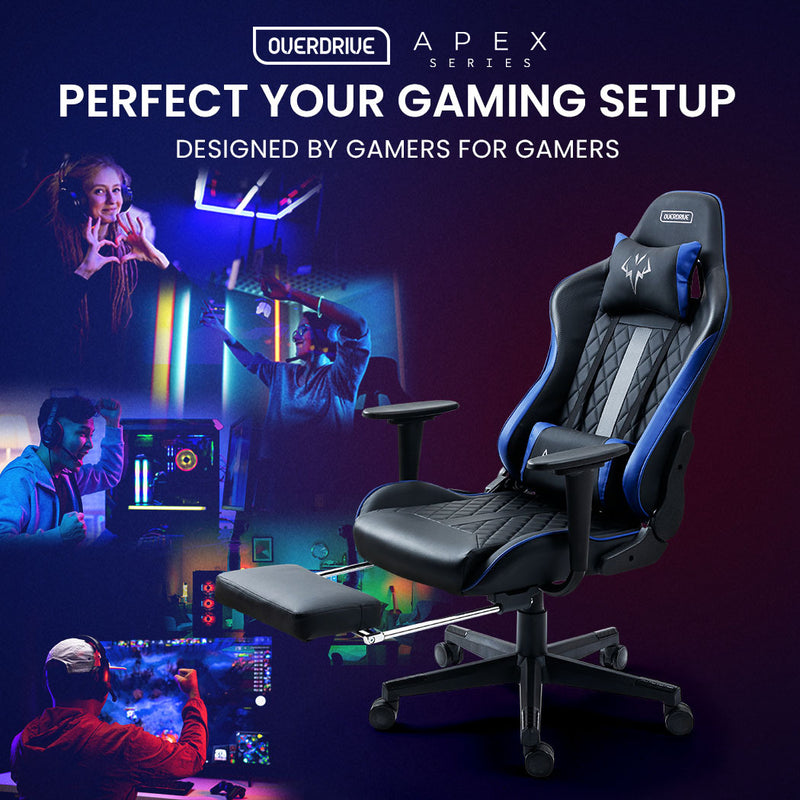 OVERDRIVE Apex Series - Ergonomic Reclining Gaming Chair with Footrest - Black/Blue