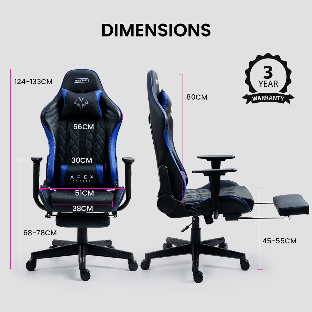 OVERDRIVE Apex Series - Ergonomic Reclining Gaming Chair with Footrest - Black/Blue