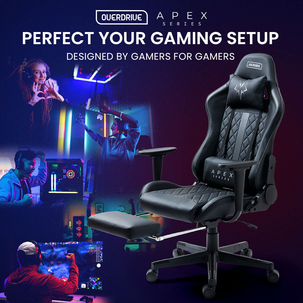 OVERDRIVE Apex Series - Ergonomic Reclining Gaming Chair with Footrest - Black