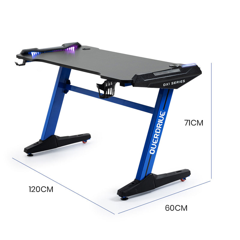 OVERDRIVE Gaming Desk with Z-Shaped Legs & LED Lights - 120cm Black/Blue