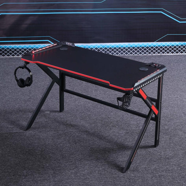 Gaming Desk with K-Shaped Legs & RGB Lights - Ridged Top - 120cm Black/Red