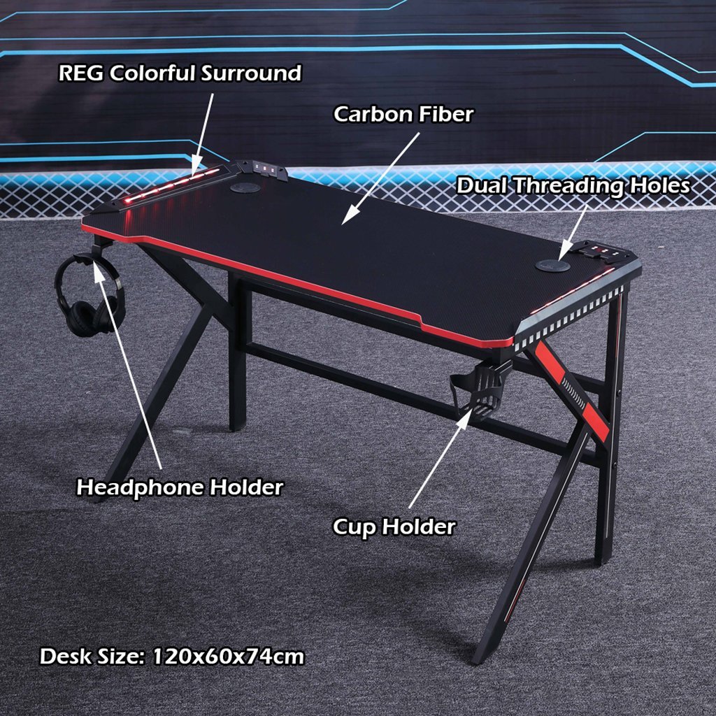 Gaming Desk with K-Shaped Legs & RGB Lights - Ridged Top - 120cm Black/Red