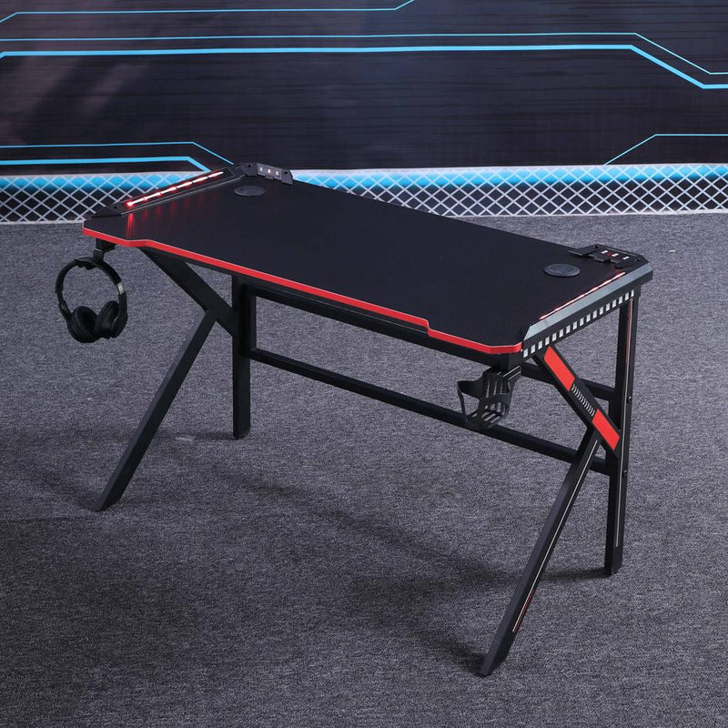 Gaming Desk with K-Shaped Legs & RGB Lights - Ridged Top - 140cm Black/Red