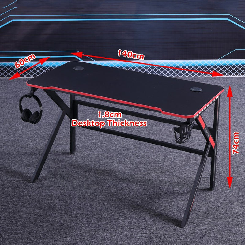 Gaming Desk with K-Shaped Legs & RGB Lights - Ridged Top - 140cm Black/Red