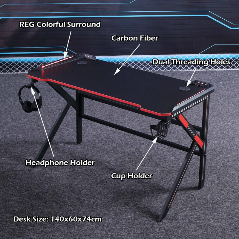 Gaming Desk with K-Shaped Legs & RGB Lights - Ridged Top - 140cm Black/Red