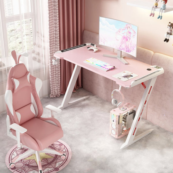 Gaming Desk with Z-Shaped Legs & RGB Lights - 120cm Pink