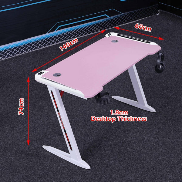 Gaming Desk with Z-Shaped Legs & RGB Lights - 140cm Pink/White