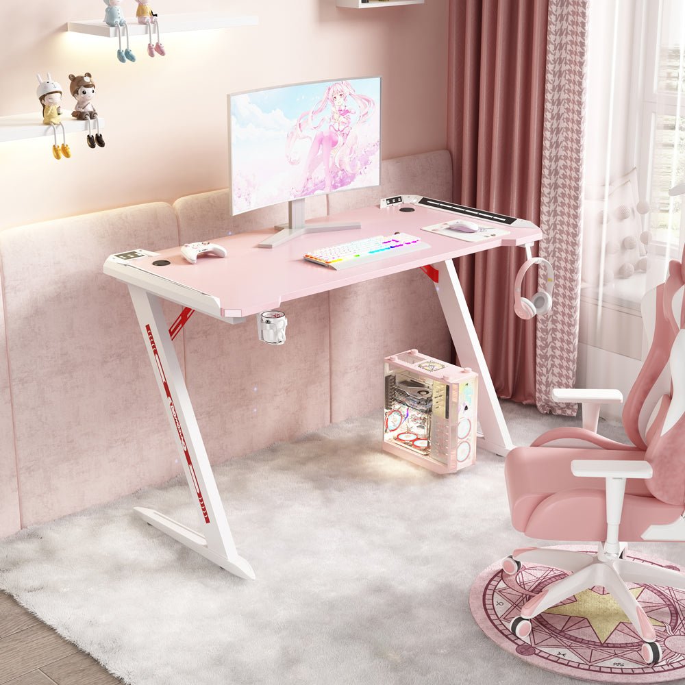 Gaming Desk with Z-Shaped Legs & RGB Lights - 140cm Pink