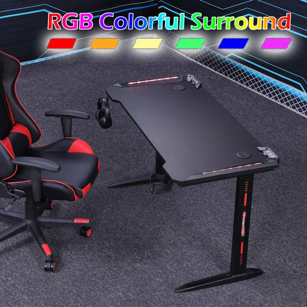 Gaming Desk with L-Shaped Legs & RGB Lights - 140cm Black