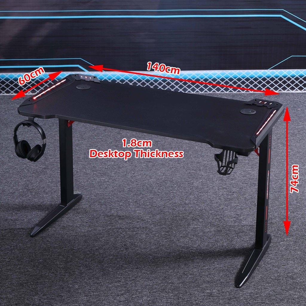 Gaming Desk with L-Shaped Legs & RGB Lights - 140cm Black