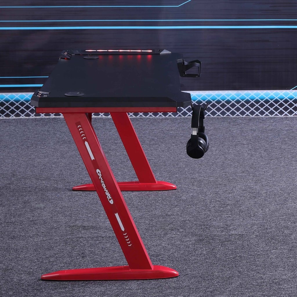 Gaming Desk with Z-Shaped Legs & RGB Lights- 140cm Black/Red