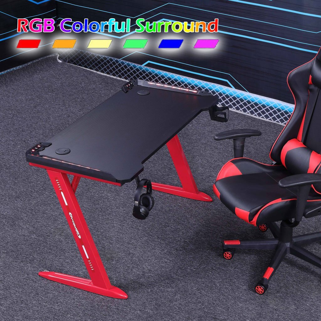 Gaming Desk with Z-Shaped Legs & RGB Lights- 140cm Black/Red