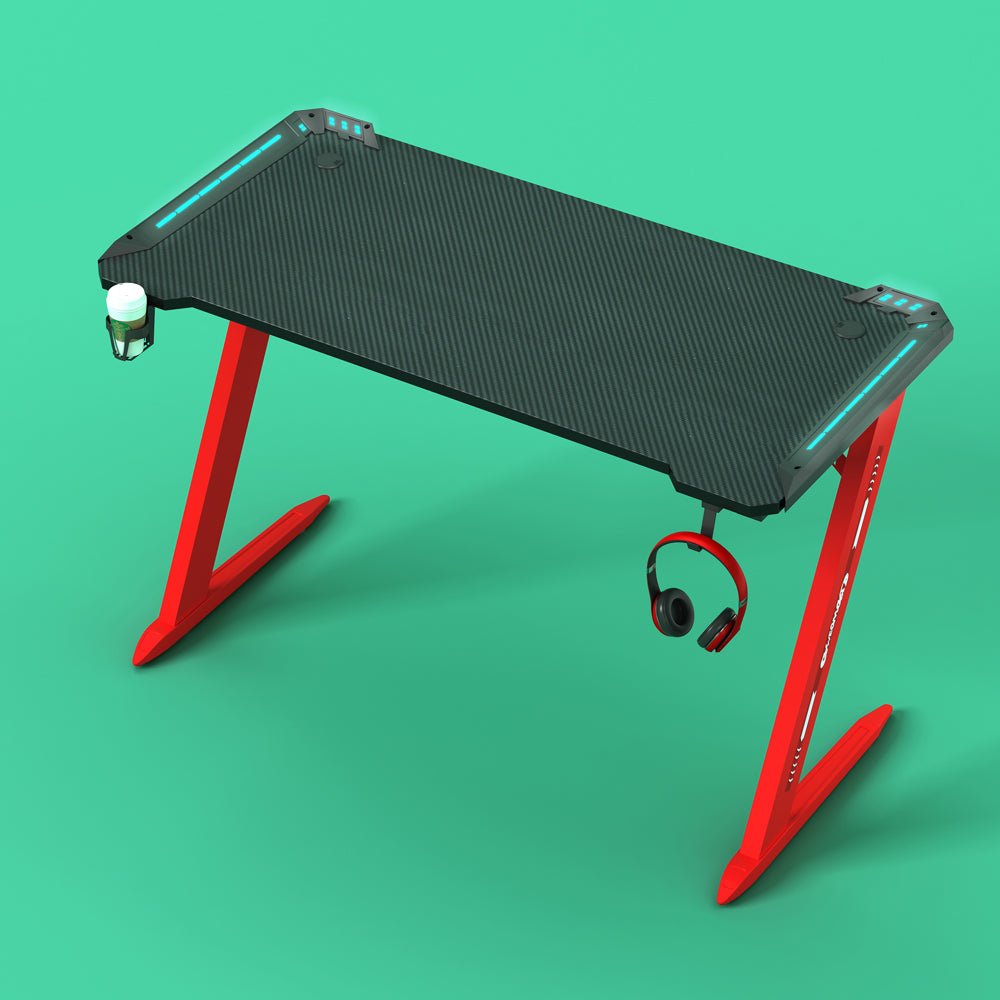 Gaming Desk with Z-Shaped Legs & RGB Lights- 140cm Black/Red