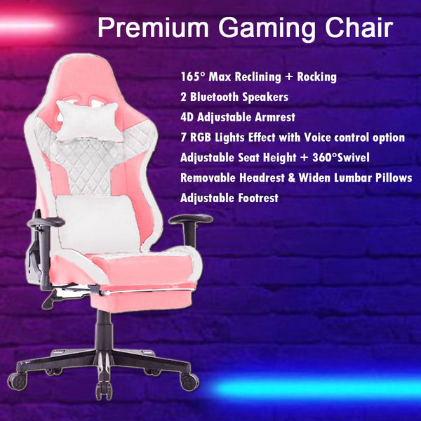 amazingooh Reclining Gaming Chair with RGB Lights & Bluetooth Speaker - Pink/White