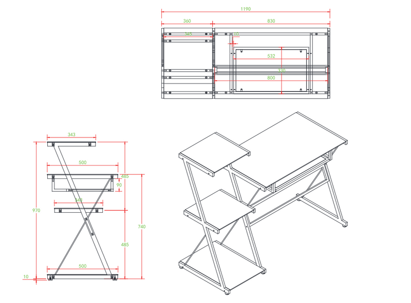 YES4HOMES Metal & Tempered Glass Desk with Storage Shelves - 119cm