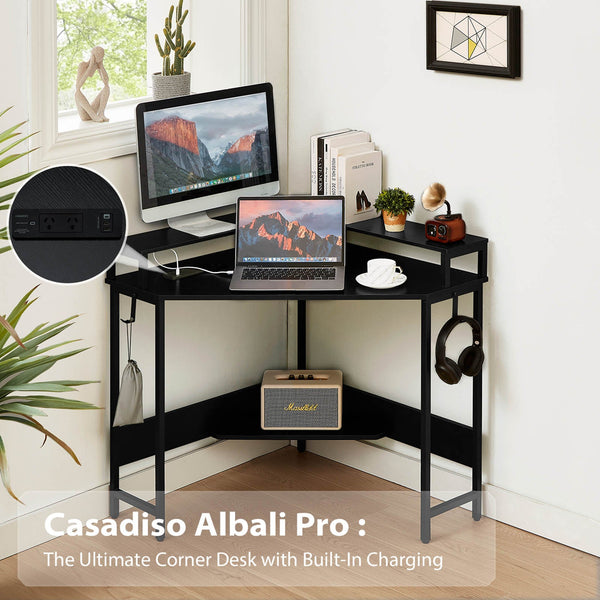 Casadiso L-Shaped Corner Desk with Built-In Charging Station - Black